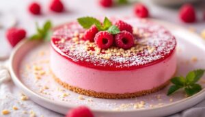 Entremets framboise maison : mousse légère, nappage brillant et nougatine au sésame