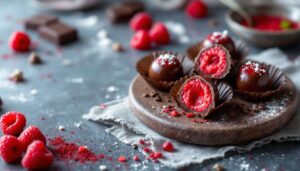 Chocolats maison fourrés à la ganache framboise : coques brillantes, cœur fondant